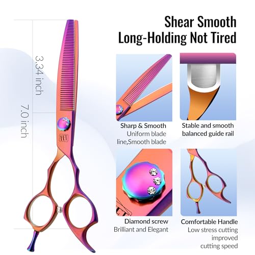 Dog Grooming Scissors: 7″ Curved Thinning Pet Shears Made Of Japanese 440C for Trimming Dogs Cats and Other Pets face and paws Haze Pink Dog Grooming Scissors: 7″ Curved Thinning Pet Shears Made Of Japanese 440C for Trimming Dogs Cats and Other Pets face and paws Haze Pink