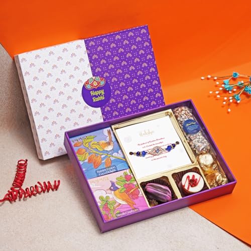 Image of Velvet Fine Chocolates Rakhi Gift Box | Handmade Assorted Chocolates for Rakshabandhan | Evil Eye Rakhi, Almonds & More | Perfect Sibling Bonding Gift | Pack of 1