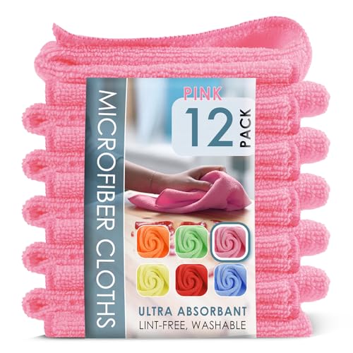 Hearth & Harbor Microfiber Cleaning Cloths, 12 Pack Pink Reusable Towels, Lint Free