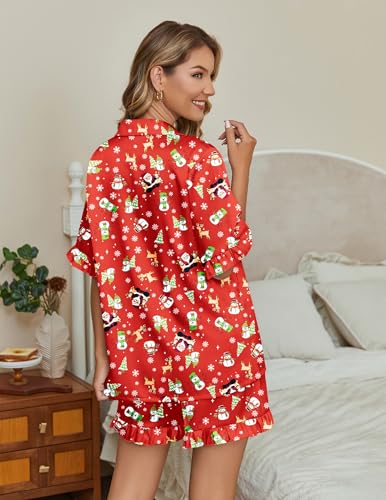 Image of Ekouaer Womens Satin Pajamas Set 2 Piece Button Down Silk Pjs Ruffle Short Sleeve Shorts Set Notch Collar Sleepwear