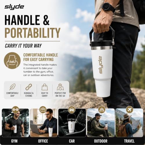 Image of Slyde 900ml Stainless Steel Insulated Tumbler with Handle | Double Wall Vacuum Insulated Travel Mug | Leakproof Flip Lid | Hot & Cold Water Bottle | BPA Free White