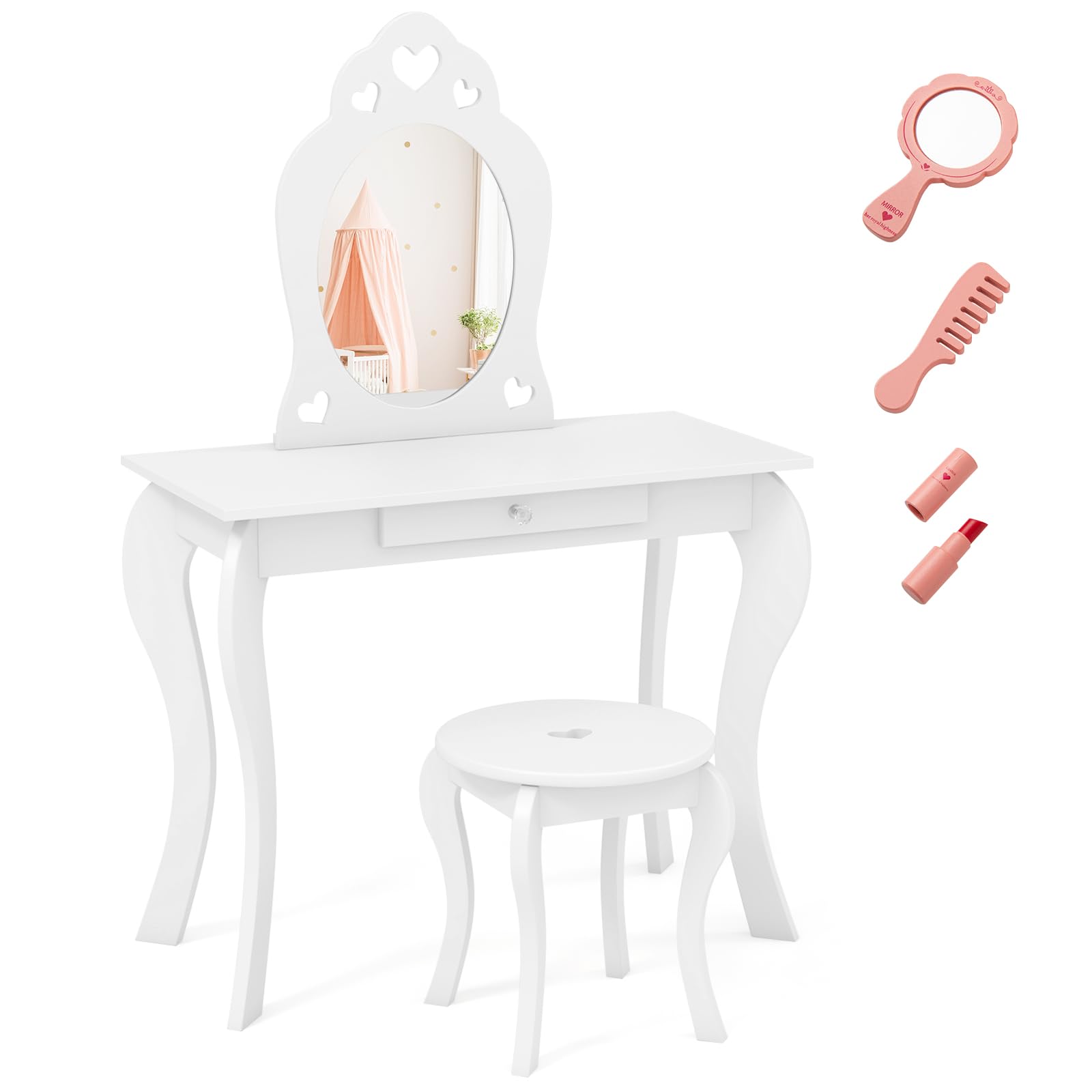 DREAMADE Schminktisch Kinder mit Hocker und Abnehmbarer Spiegel, Prinzessin Frisiertisch aus Holz mit Antikipp-Schutz, Kinderschminktisch für Kinder Mädchen (Weiß)