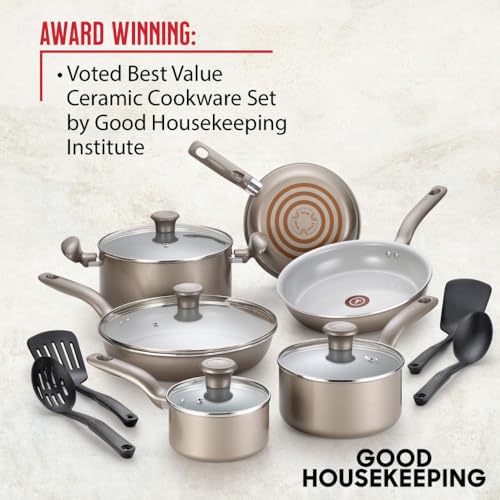 T-fal Initiatives Ceramic Nonstick Cookware Set 14 Piece Oven Safe 350F Pots and Pans Gold