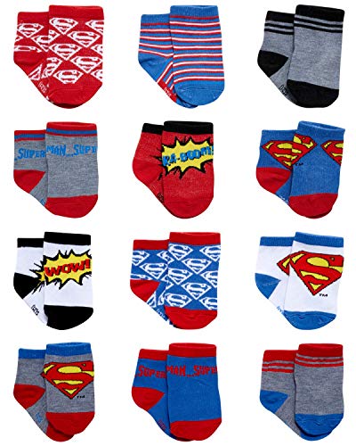 DC Comics Baby Boys’ and Girls’ Socks - 12 Pack Batman, Wonder Woman, Superman, Justice League, Super Girl Socks (0-24M)