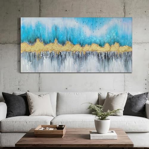 Ardemy Serenity Abstract Wall Art Blue Gold and Gray Painting Canvas Art Picture Living Room Wall Artwork for Bedroom Dining Room Home Office Wall Decor, 58"x29" 58"L x 29"W Blue and gold