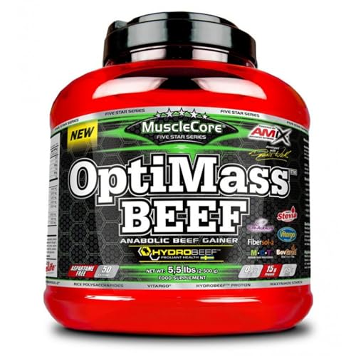 AMIX - Complemento Alimenticio en Polvo - Optimass Beef Gainer en 2500 gr - Doble Chocolate Blanco - Carbohidratos de Rápida Absorción - Proteínas de Carne de Vacuno - Proporciona Energía de Ternera