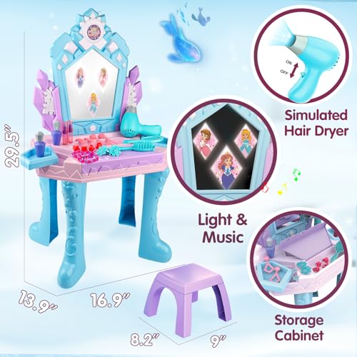 Kids Vanity Magic Makeup Table and Chair Set Girl Toys Mirror with Music Light Frozen Toys for 2 3 4 5 6 Year Old Girls Hair Salon Pretend Play Princess Dress Up Playset Gift Toddler 1-3 3-5