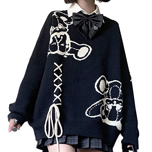 Image of Harajuku Style Kawaii Pastel Goth Fashion Oversized Long Sleeve Crewneck Knit Novelty Bear Print Sweater for Women M Black