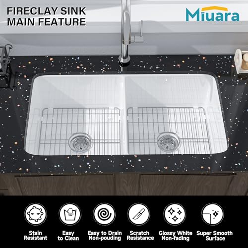 White-Undermount-Kitchen-Sink-32-Inch-Double-Bowl-5050-Large-Kitchen-Sink-Drop-In-32x19x10-White-Kitchen-Sink-Dual-Mount-Topmount-Fireclay-Sink-with-Accessories-for-Kitchen White Undermount Kitchen Sink 32 Inch Double Bowl 5050 Large Kitchen Sink Drop In 32x19x10 White Kitchen Sink Dual Mount Topmount Fireclay Sink with Accessories for Kitchen