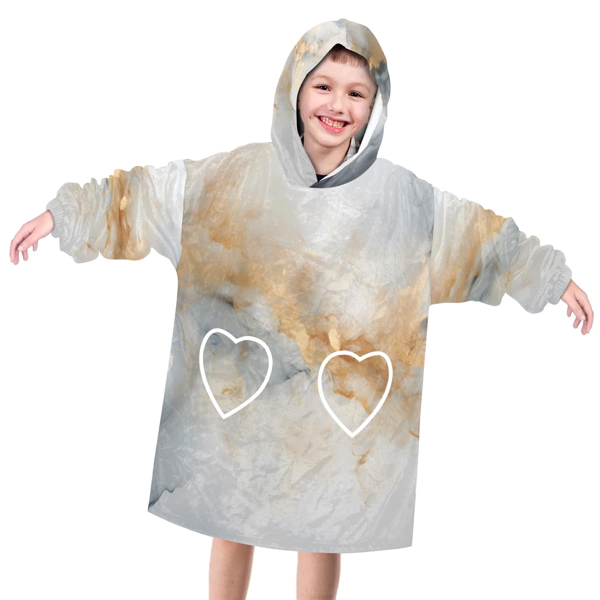 Pardick Wearable Blanket Hoodie for Kids, Gold Grey Marble Fleece Sweatshirt Blanket Oversized Blanket Sweatshirt with Pocket Flannel Warm Hooded Blanket 6-10 Year Old Girl Boy Gift, One Size