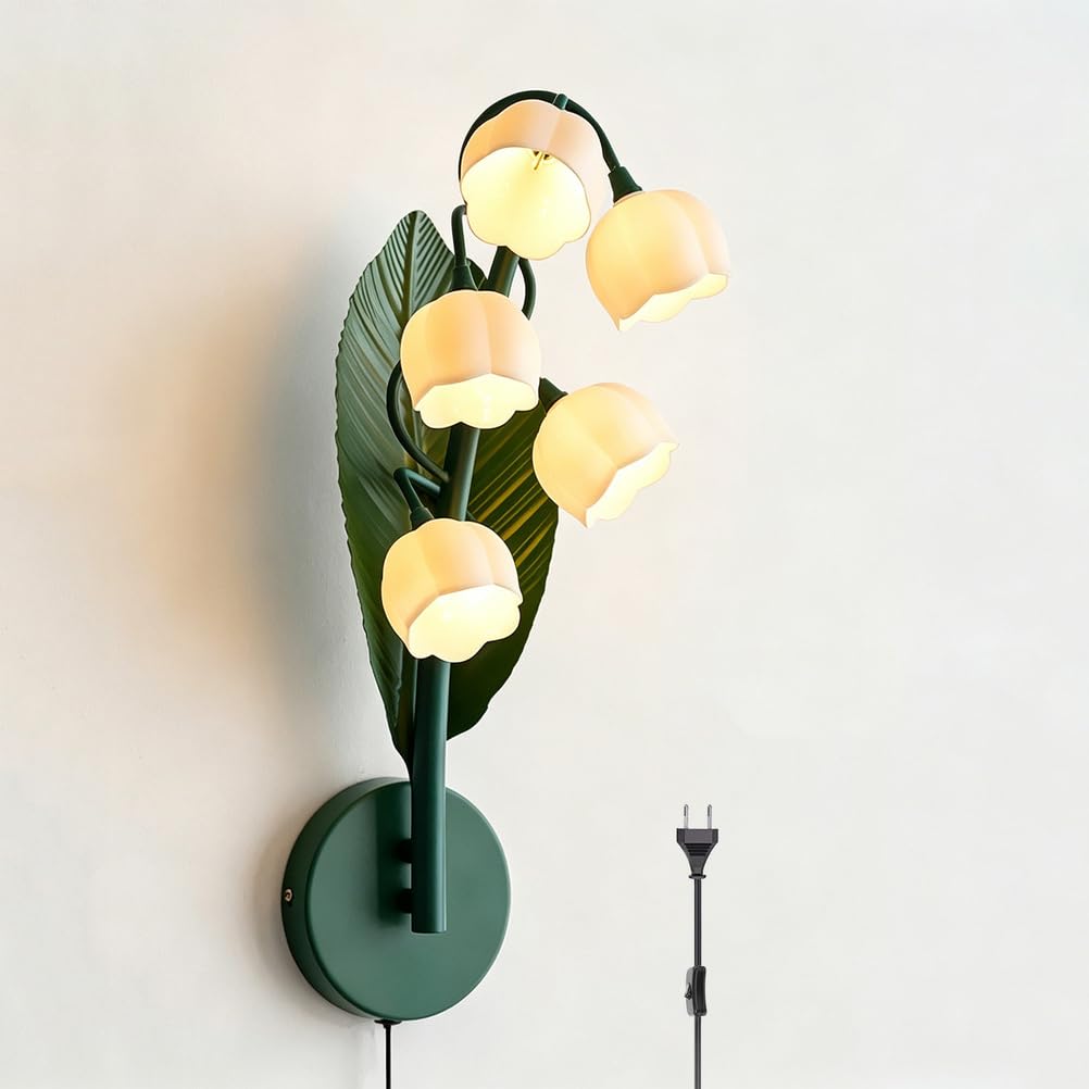 EaEa Aplique de Pared Floral Vintage con Interruptor y Enchufe, Lámpara de Pared Interior con Pantalla Acrílica, Casquillo G4, Lámpara de Cabecero Pared con Cable Para Dormitorio Salón Pasillo, Verde