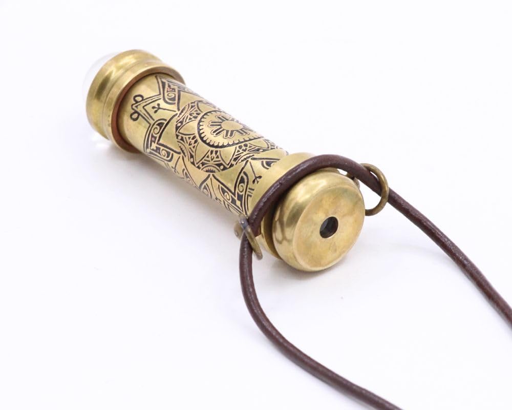 RII Brass Teleidoscope/Kaleidoscope Pandent with leather Cord Necklace, Etched Mandala Pattern Locket, Pocket Scope -A unique Gift for Loved Ones