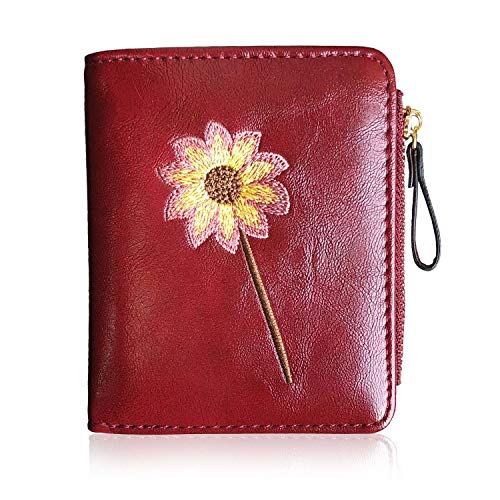Real Leather Wallet Small Bifold RFID Blocking with Zipper Green (Red)