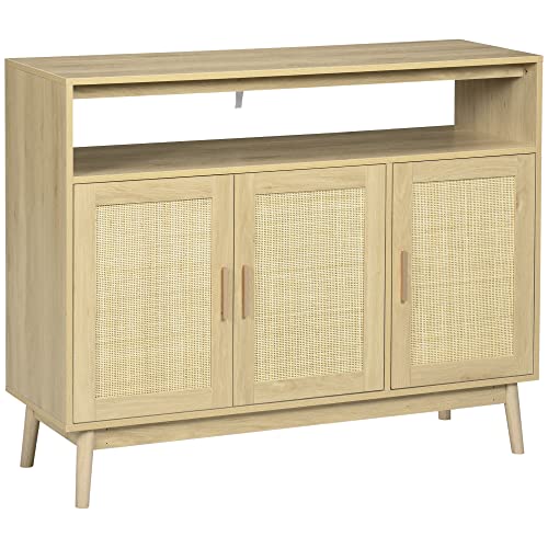 HOMCOM Kitchen Sideboard with 2 Cabinets, Boho Buffet Cabinet with 3 Rattan Decorated Doors and Adjustable Shelf, Coffee Bar Cabinet for Living Room, Hallway, Natural