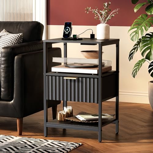 Image of VINGLI Nightstand with Charging Station and Fabric Drawer, Fluted Night Stand with Drawer, Bedside Table /Small Night Stand with Charger Station for Bedroom, Dorm, 14.96 inch W*11.81 inch D*23.7 inch H, 1 pc