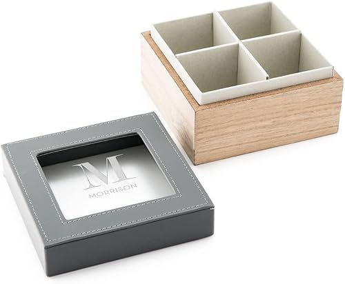 Miniatura 2 de Weddingstar Caja de recuerdo personalizada de madera y piel sintética con tapa de cristal, monograma inicial