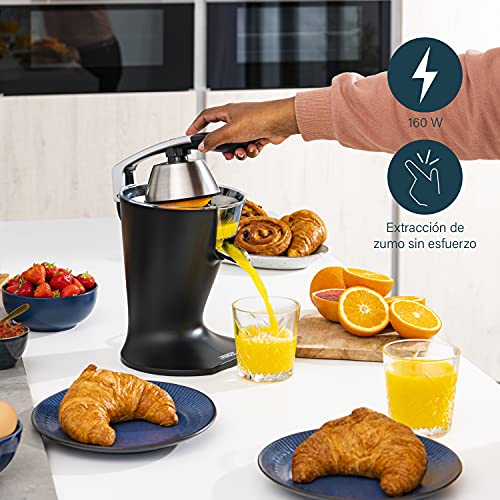 Princess 201857 Exprimidor de palanca, filtro para pulpa de acero inoxidable, sistema de extracción continua y antigoteo, 2 conos de diferente tamaño, 300 W, Negro Mate [Exclusivo de Amazon]