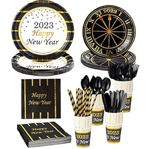 Winoo Design New Year Party Supplies 2023 – Serves 16 – Includes Happy New Year Plates and Napkins Cups Cutlery Straws…