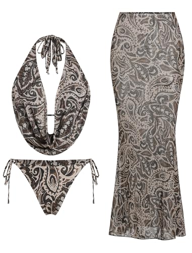 Image of ZAFUL Women's 3 Piece Floral Swimsuit Draped Neck Halter Bikini Tie Side Bathing Suit with Sheer Cover Up Skirt