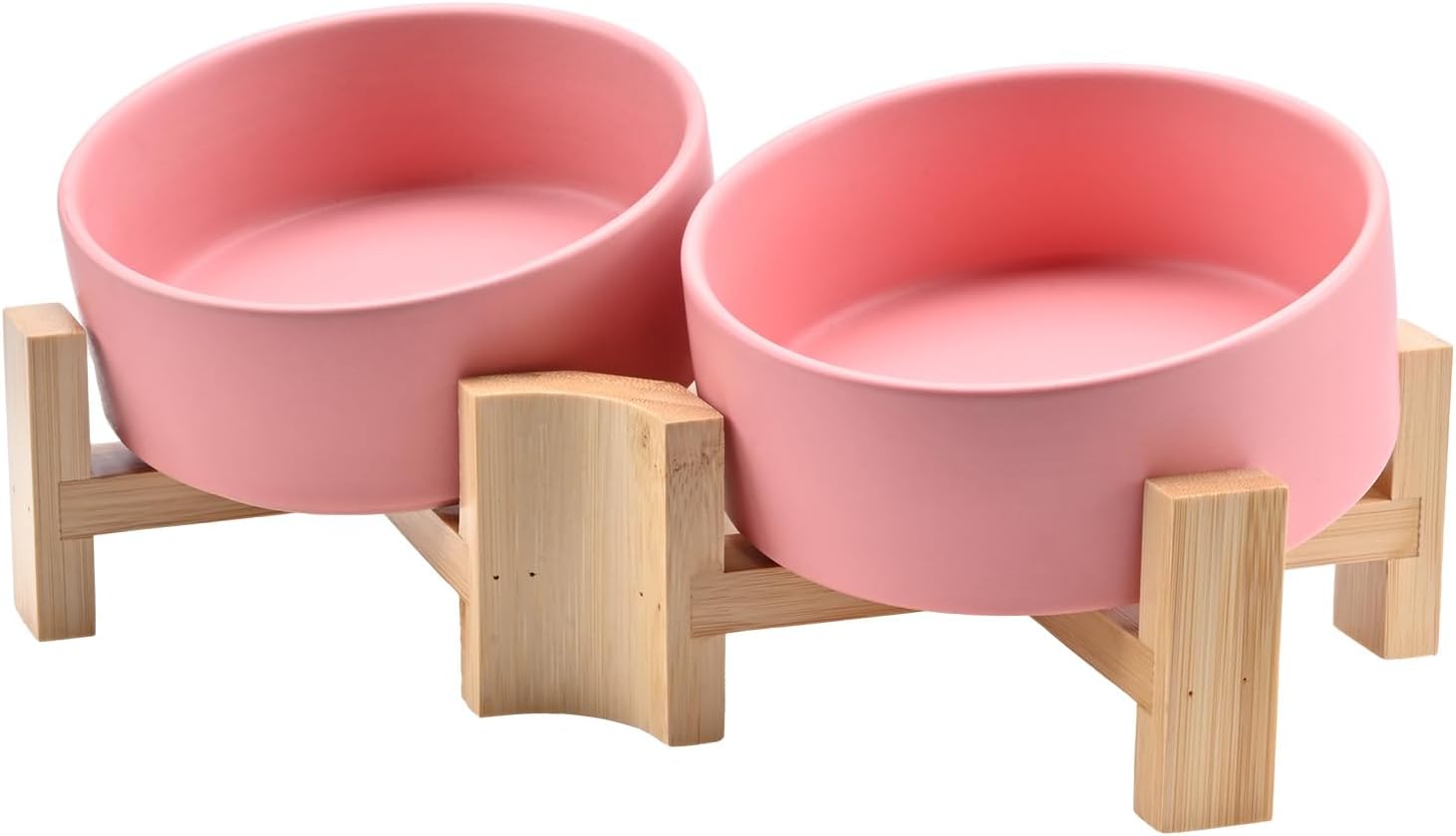 SPUNKYJUNKY 15° Slanted Ceramic Dog and Cat Bowl with Wooden Stand, Tilted Bulldog Food and Water Bowl No Slip Non-Spill for Cats Medium Dogs Big Face Pets 13.5 OZ (1.7 Cups, Pink × 2) 1.7 CUPS Pink × 2
