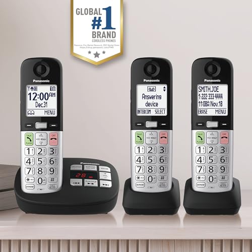 Image of Panasonic Cordless Phone, Easy to Use with Large Display & Big Buttons, Flashing Favorites Key, Flashlight, Call Block, Volume Boost, Talking Caller ID, House Phones, 3 Handsets - KX-TGU433B