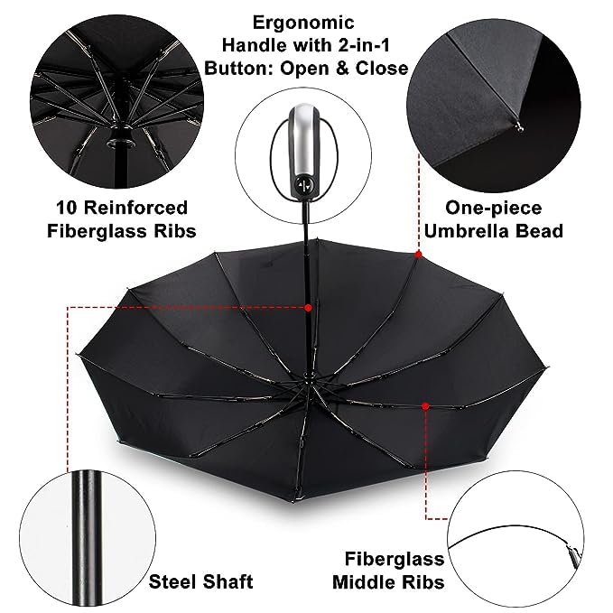 GLITZEN Umbrella for Men, Automatic 23 inch Large Size Folding Black Umbrella, Umberallas for Rain Big Size Men, Umberalla Large for Man,Women,Kids,Girls,Boys - 3 Fold with Auto Open and Close 3