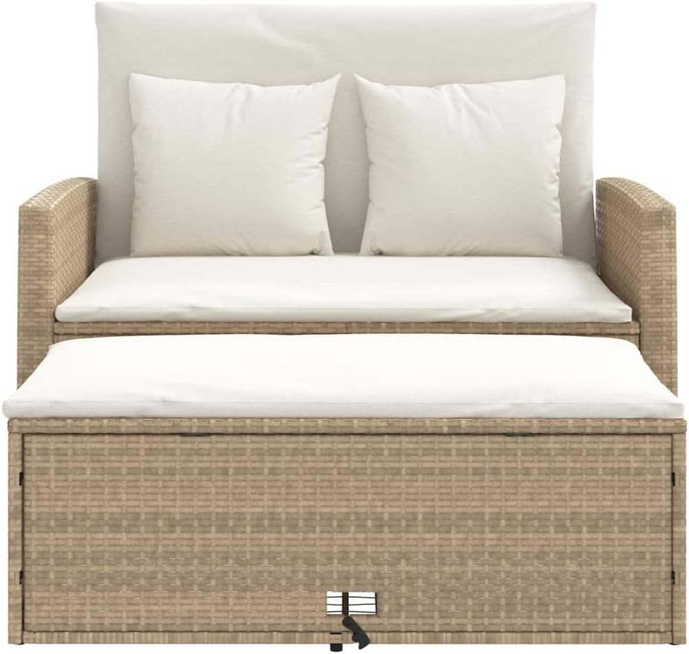 Outdoor Patio Sofa Convertible to Bed, Beige Synthetic Rattan Loveseat with Storage for Garden Terrace Balcony