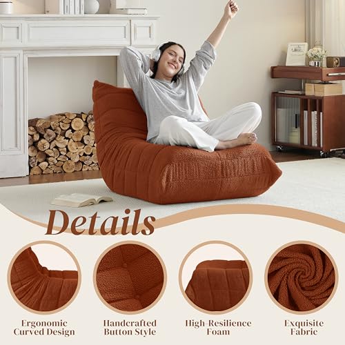 Image of Gazecaia Comfy Bean Bag Chair for Adults Teens | Fireside Floor Lounge Chair, Soft Teddy High-Resilience Memory Foam Bean Bag Couch with Non-Slip Base, for Living Room Bedroom Apartment Office, Orange