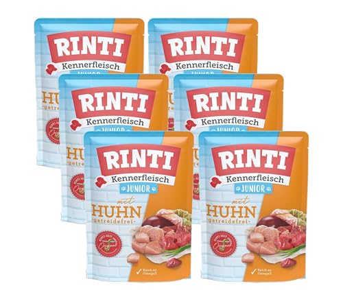 Rinti Kennerfleisch Junior Huhn | 6 x 400g Frischebeutel | Welpenfutter mit 70 % Fleisch | Mit Lachsöl (Omega 3) & Rübenfaser | Getreidefrei | Für heranwachsende Hunde | Ohne Zusatzstoffe