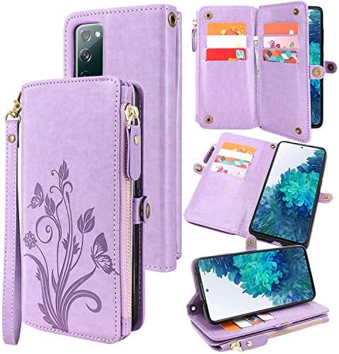 Lacass [Cards Theft Scan Protection 10 Card Slots Holder Zipper Pocket Wallet Case Flip Leather Cover with Wrist Strap Magnetic Closure Stand for Samsung Galaxy S20 FE 5G (not for s20)(Purple)