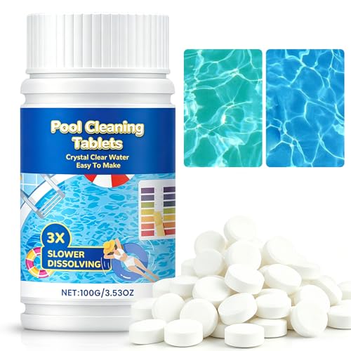 Multifunctional Chlorine Tablets for Swimming Pools Hot Tubs & Spas - Slow Dissolving Pool Chlorine Tablets Long-Lasting Clarifier & Odor Control UV Stable Gentle Formula (100g)