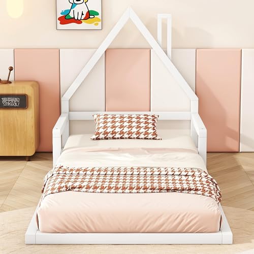 Kinderbett Bodenbett 90x200, Kinder Hausbett mit Rausfallschutz und Lattenrost, Stabiles Kiefernholz Baumhausbett Spielbett für Jungen Mädchen, Einzelbett Jugendbett Bettgestell, ohne Matratze, Weiß
