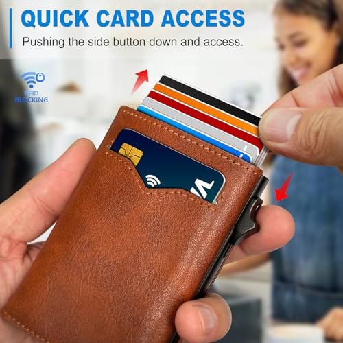 Image of miyozi Wallet for Men,with Cash Pocket 2 ID Window 9-13 Cards,Metal Case Smart Slim Pop Up Credit Card Holder Flip with Magnetic Closure RFID Blocking Trifold wallet with Gift Box