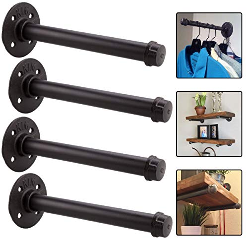 Industrial Pipe Shelving Brackets 8 inch - Set of 4, Rustic Pipe Shelf Brackets with Iron Fittings, Flanges and Pipes for Vintage Furniture Decor, Wall Mounted DIY Bracket, Clothing Rack Hardware
