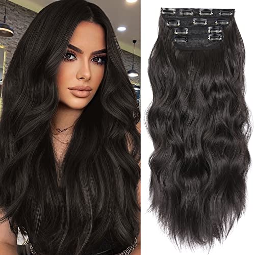 LEEONS Clip in Synthetic Hair Extensions Long Wavy 4PCS Thick Hairpieces Black Brown Fiber Double Weft Natural Hair Extensions 20 Inch for Women (4pcs 20Inch 2#)