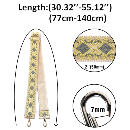 Image of Beige Yellow Gray Boho Diamond Purse Strap with Light Gold Hardware 2 Inch Wide Replacement Crossbody Guitar Style Shoulder Strap for Handbags Totes