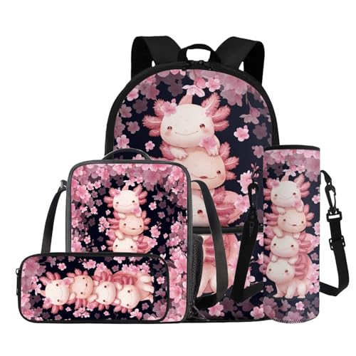 COEQINE Pink Axolotl School Backpack Set With Water Bottle Holder for Kids Girls Lightweight Customized Bookbag for Toddler Girls with Name Custom Personalized Lunchbox for Adult Work 4 Pcs2