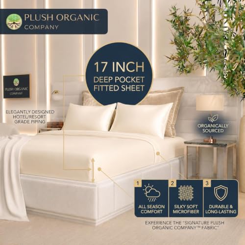 Image of Queen Luxury 4 Piece Bedsheet Set, Ivory with White Piping, Cooling Resort Bedding, Ultra Soft, Viscose derived from Bamboo, Organically Grown, 300 Thread Count