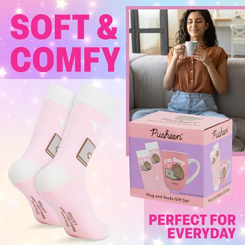 Image of Get Trend Pusheen 11oz Mug and Socks Set, Novelty Valentines Day Gifts for Women, Wife, Girlfriend Teens, Crew Socks Ceramic Coffee Mug Microwave Safe (Pink Pusheen)