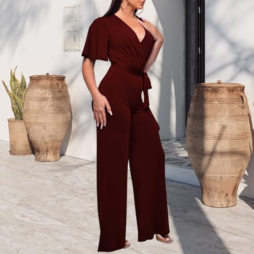 Image of PaladMom Womens Elegant Plus Size Jumpsuits Sexy Back zipper Short Sleeve Mid Waist Wide Leg Straight Rompers