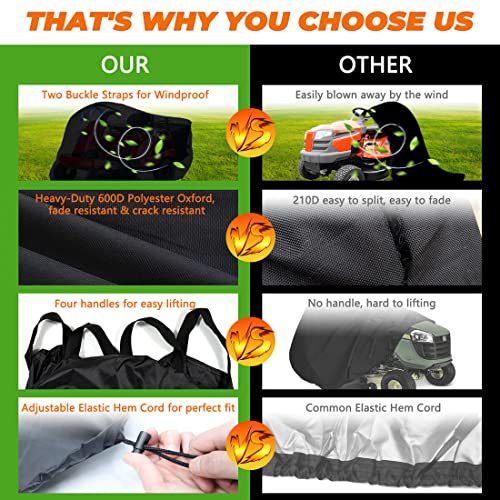 Riding Lawn Mower Cover - Heavy Duty 600D Polyester Oxford Lawn Tractor Cover Waterproof Outdoor Windproof Buckle Workbasket Fits Decks Up 54" Riding Lawnmower Cover With Handle Drawstring Storage Bag #TOP2
