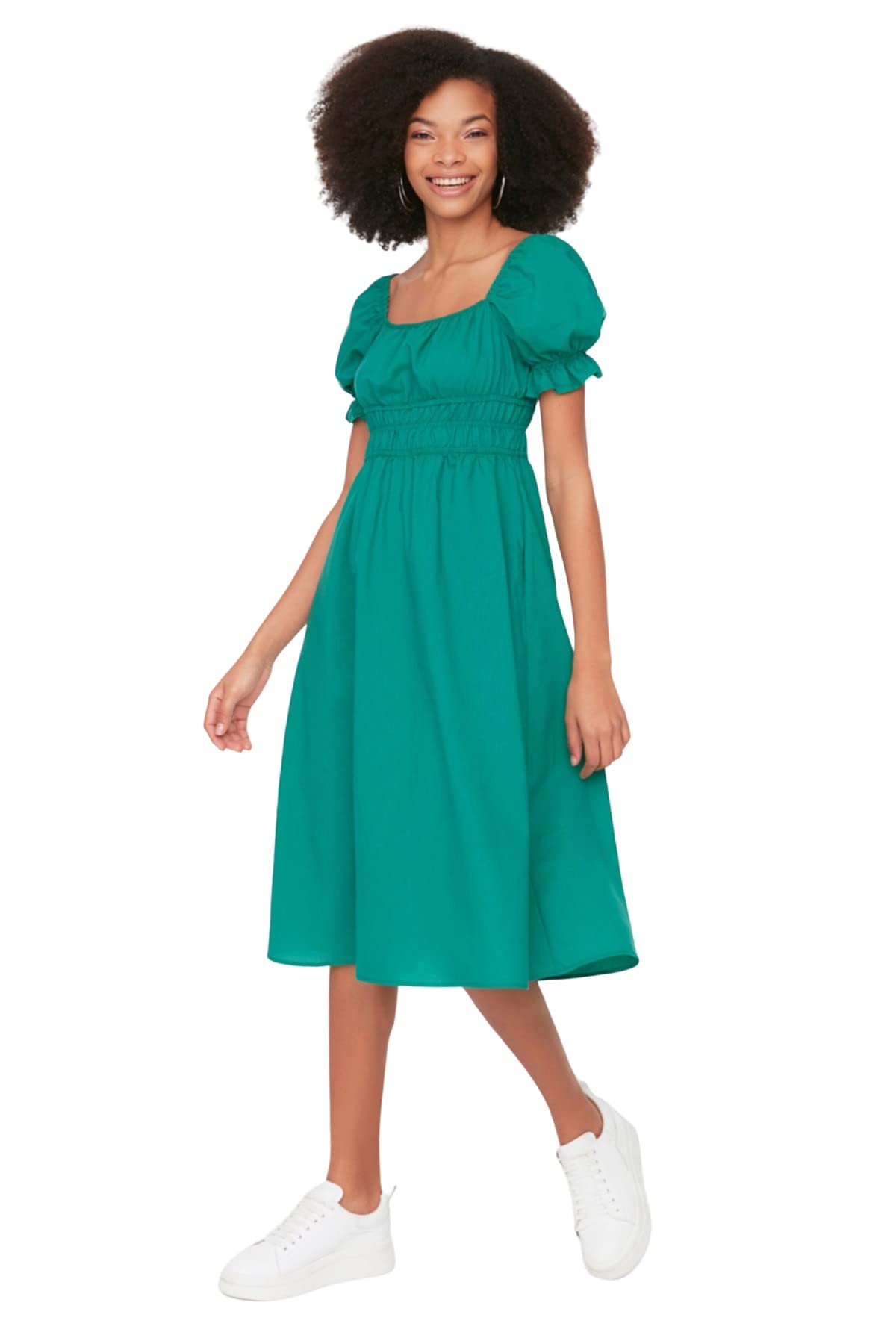 Trendyol Women's Green Woman Midi Skater Regular Fit Woven Dress,,42 Size 14