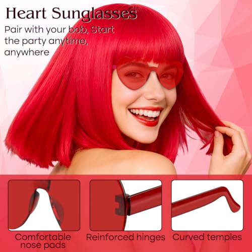 Image of PLULON Red Bob Wig with Bangs, Short Straight Bob Wig with Heart Sunglasses 12 Inch Shoulder Length Heat Resistant Synthetic Hair Cap for Women Natural Look Daily Use Cosplay Costume Party