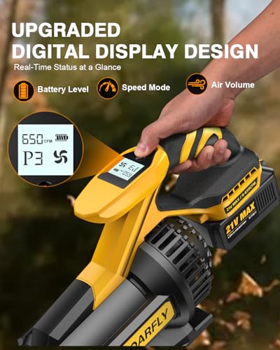 Image of SOARFLY Cordless Leaf Blower with 2x4.0Ah Battery & Charger, 21V 28000RPM High-Power Motor, LCD Display, 3-Speed Modes, Lightweight Battery Powered for Lawn Care, Yard, Leaves, Dust & Snow