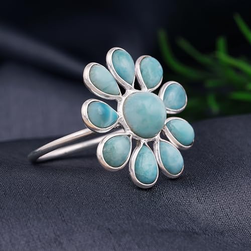 Caribbean Serenity Larimar 925 Sterling Silver Flower Chunky Ring3