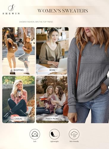 Image of SHEWIN Fall Sweaters for Women Casual Crewneck Long Sleeve Crochet Pullover Tops Sweater