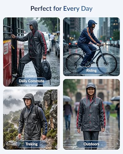 Image of Destinio Rain Coat for Men Waterproof with Hood, Thick Polyester, Leak Proof, Premium Zipper, Raincoat for Bike Riding, Double Layer Rain Suit for Riders, Rainwear Set