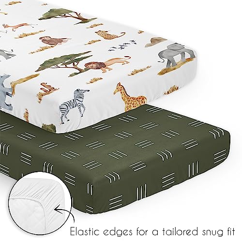Image of Sweet Jojo Designs Jungle Animals Boy Girl Unisex Baby Mini Crib Bedding Set Infant Nursery Room Newborn Blanket and Portable Pack n Play Sheets 3p Dark Hunter Green Safari Elephant Giraffe Lion Zebra