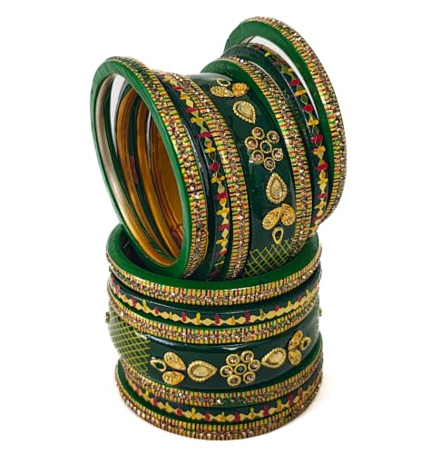 Image of Swara Creations Lah /Lac bangles red and yellow color Set, LAHTHI Churi zircon work for Women and Girls(14pcs)