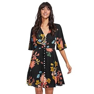 Milumia Women's Vintage Boho Button Up Split Floral Print Flowy Party Dress A Black X-Large